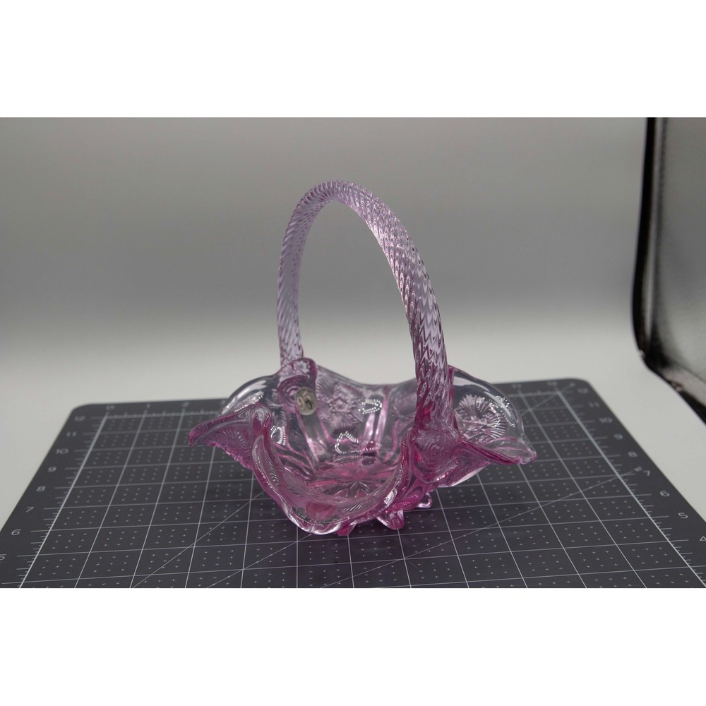 Vintage Fenton Pink Pressed Glass Basket Ruffled Edge Floral Starburst Design